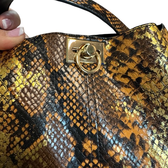 Faux Leather Tote Bag Snakeskin Print with Gold Metallic Accent Print - Picture 7 of 9